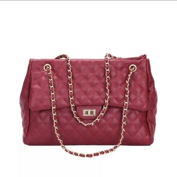 Large Quilted Handbag Wine Burgundy - Picture 2 of 16